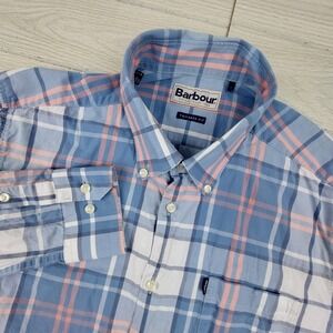 Barbour Shirt Button Down Mens Medium Blue Pink Plaid Tailored Fit Long Sleeve
